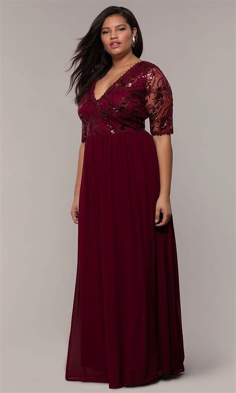 Long Plus Size Formal Dress In Deep Berry Red Plus Size Sleeved