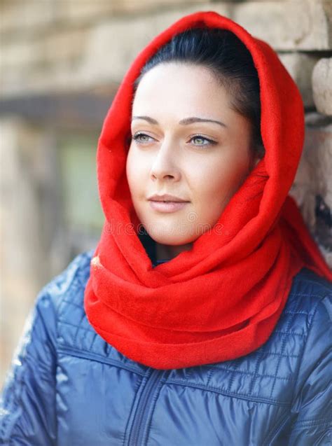 Woman Wearing Red Scarf Stock Image Image Of Pretty