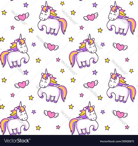 Cute Prancing Unicorns Stars And Winged Hearts Vector Image