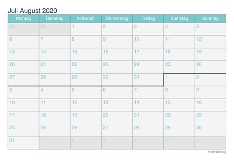 Kalender Juli August 2020 Zum Ausdrucken