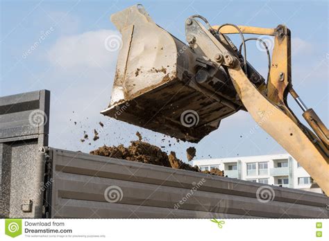 Dump Truck Shoveling Earth In Truck Stock Image Image Of Truck
