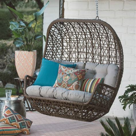 Resin Wicker Hanging Porch Swing Loveseat Cushion 2 Seat Outdoor