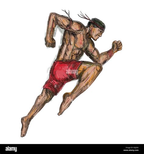 Tattoo Style Illustration Of A Muay Thai Asian Thai Boxing Fighter