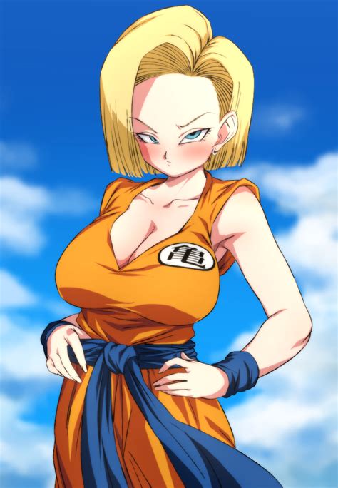 Rom 20 Android 18 Dragon Ball 1girl Blonde Hair Blue Eyes Blush Breasts Cloud Cloudy