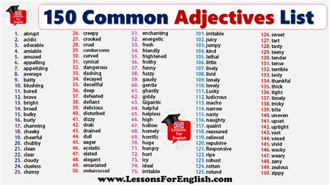 150 Common Adjectives List In English 1abrupt 2acidic 3adorable 4