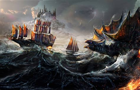 Dragon Fight Ocean Ship Painting 5k Wallpaperhd Artist Wallpapers4k