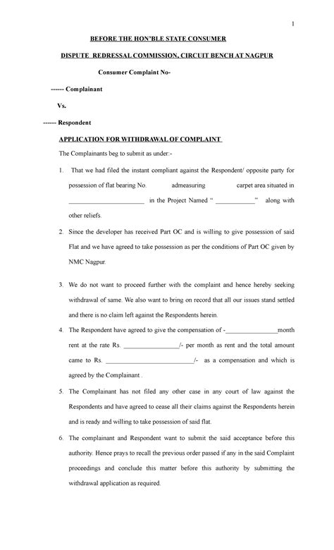 Withdrawal application format - 1 BEFORE THE HON’BLE STATE CONSUMER