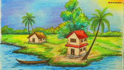 How To Draw Scenery Of Riverside Village Step By Step Drawing Buzz