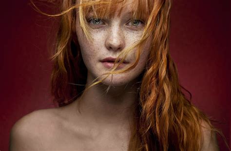 Women Redhead Freckles Green Eyes Hair In Face Portrait Kacy Anne Hill