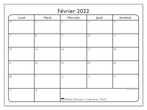 Calendriers Février 2022 “lundi Dimanche” Michel Zbinden Fr