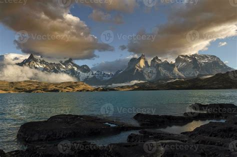 Sunrise Over Cuernos Del Paine Torres Del Paine National Park And Lake
