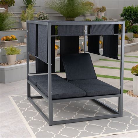 Amos Outdoor Aluminum Daybed With Canopy Grey With Dark Grey Fabric