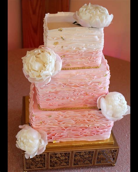 Three Tier Square Wedding Cake With Ombre Blush Ruffles Edible Gold