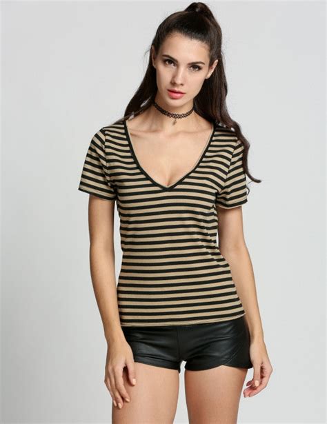 Sexy Women Deep V Neck Short Sleeve Striped Slim T Shirt Tops