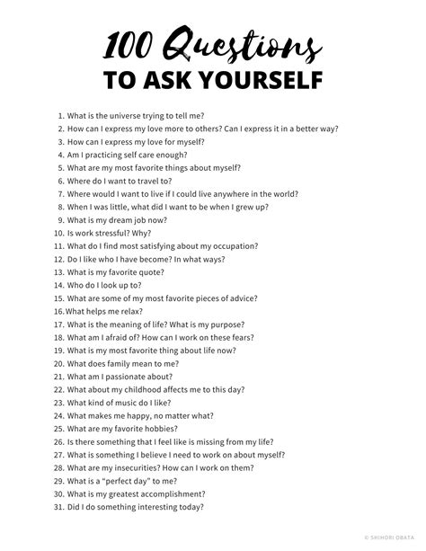 100 Questions To Ask Yourself For Self Growth Free Printable