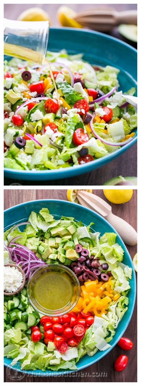 Arrange remaining salad ingredients (chicken, eggs, avocado, tomatoes, onion, blue cheese, and bacon) in rows over salad then sprinkle the finely chopped parsley over the salad. Greek Salad with Zesty Lemon Dressing | Clean eating ...