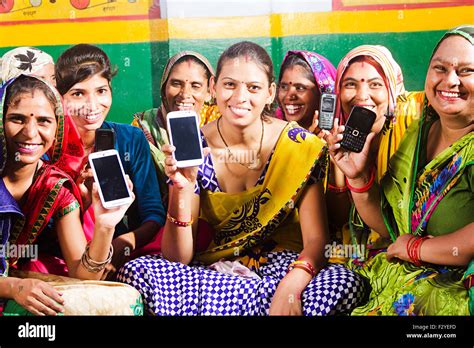 Indian Rural Villager Group Crowds Womans Quality Mobile Phone Showing