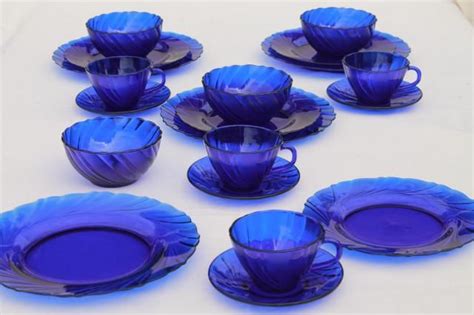 Vintage Cobalt Blue Glass Dishes Set For Four Duralex Rivage Swirl Pattern Blue Dinnerware