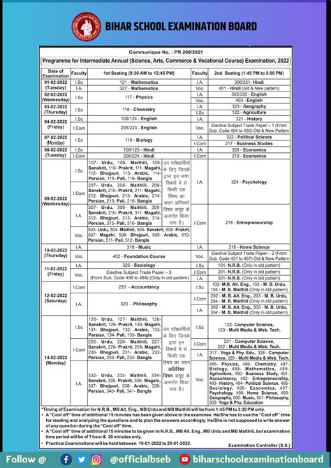 Bihar Board 12th Class 2022 Exam Time Table
