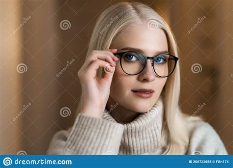 Portrait Of A Girl Holding Glasses On A Light Background Stock Image Image Of Contact Person