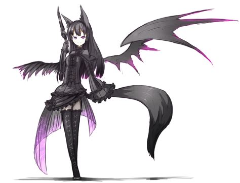 Animal Ears Black Hair Foxgirl Long Hair Original Purple Eyes Shiroganeusagi Tail Weapon Wings