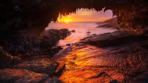 Inside Beach Cave At Sunset