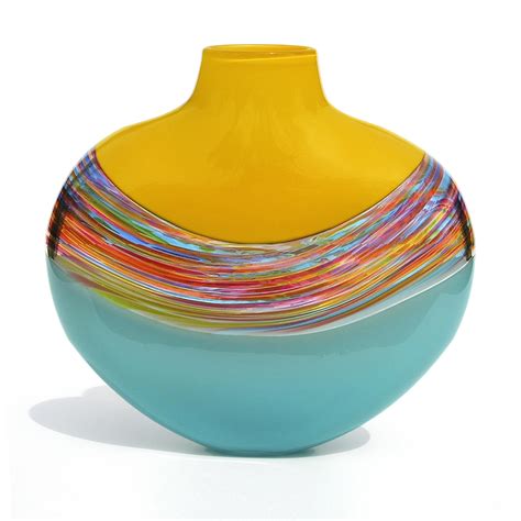 Art Glass Vase A Flattened Vase With Three Distinct Bands The Middle Being A Swirl Of Colors