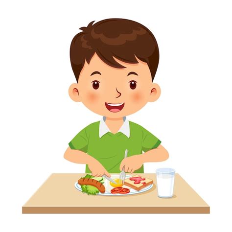 Premium Vector A Little Boy Happy To Eat Breakfast In The Morning