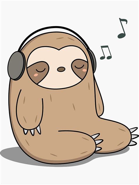 Kawaii Cute Sloth Listening To Music Sticker By Wordsberry Redbubble Music Stickers Cute