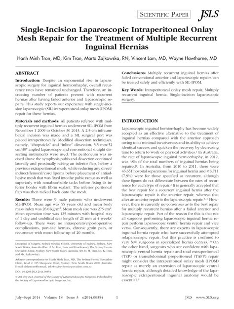 Pdf Single Incision Laparoscopic Intraperitoneal Onlay Mesh Repair