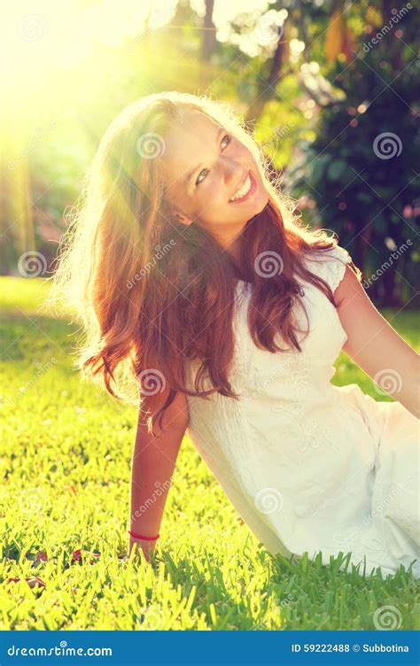 Beauty Romantic Teenage Girl Sitting On Green Grass Stock Photo Image