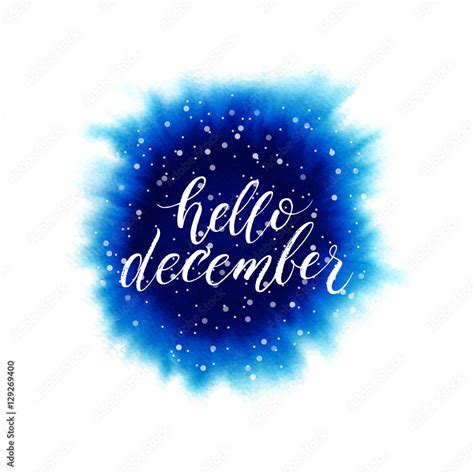 Hello December Lettering On Blue Watercolor Splash Isolated On White