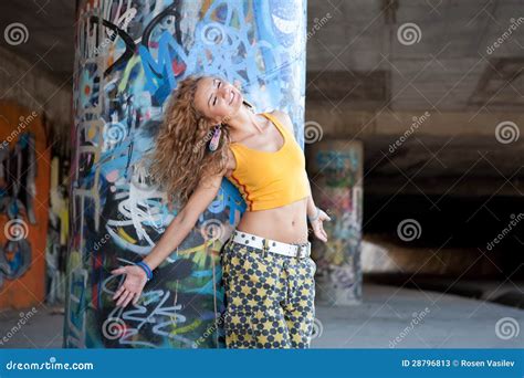 Teenage Girl In Front Of A Wall With Graffiti Stock Image Image Of