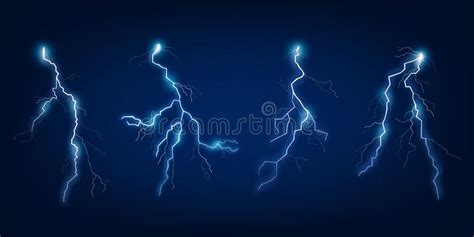 Electricity Lightning Bolt Flash Set Isolated On Dark Background Stock