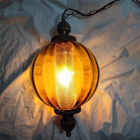 Vintage Mid Century Amber Glass Globe Hanging Swag Lamp Etsy
