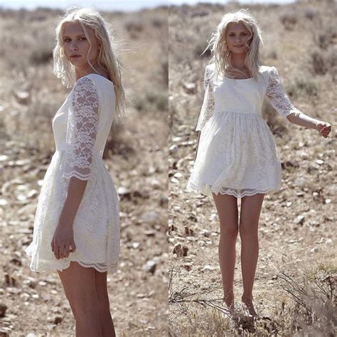 Amzing Bohemian Lace Scoop Short Wedding Dresses 2016 Sheer Illusion