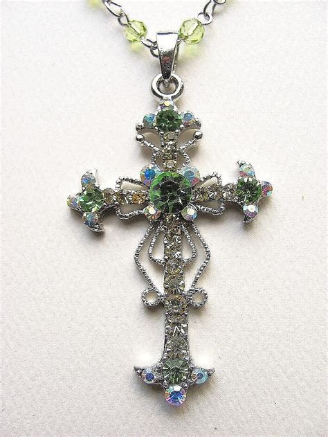 Green Peridot Vintage Cross Pendant Necklace Filigree Style Genuine