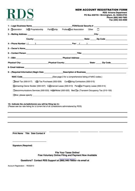 Form Rds New Account Registration Form 2010 Printable Pdf Download
