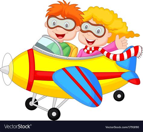 Vector Illustration Of Cute Cartoon Boy And Girl On A Plane Download A