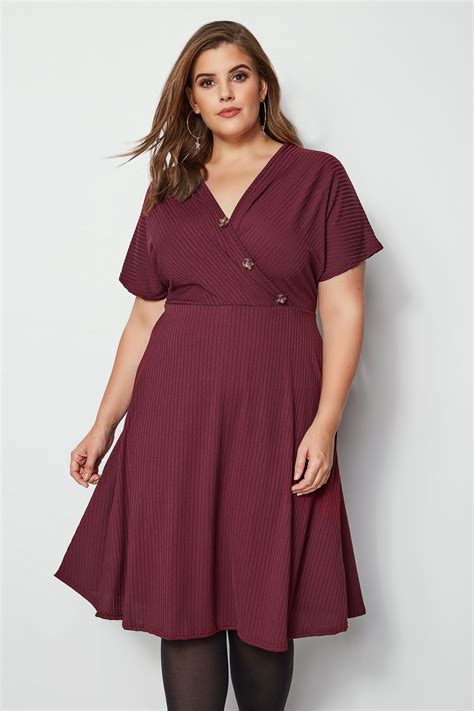 Burgundy Ribbed Wrap Front Dress Plus Size 16 To 36
