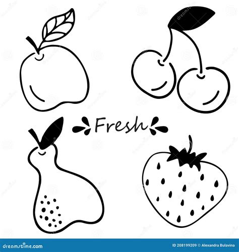 Vector Set Of Fresh Apple Pear Cherry And Strawberry Hand Drawn