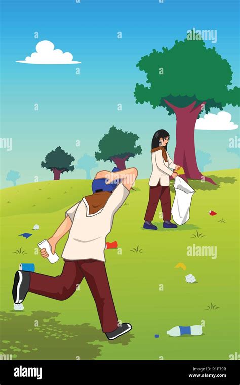 A Vector Illustration Of Teens Picking Up Trash In The Park Stock