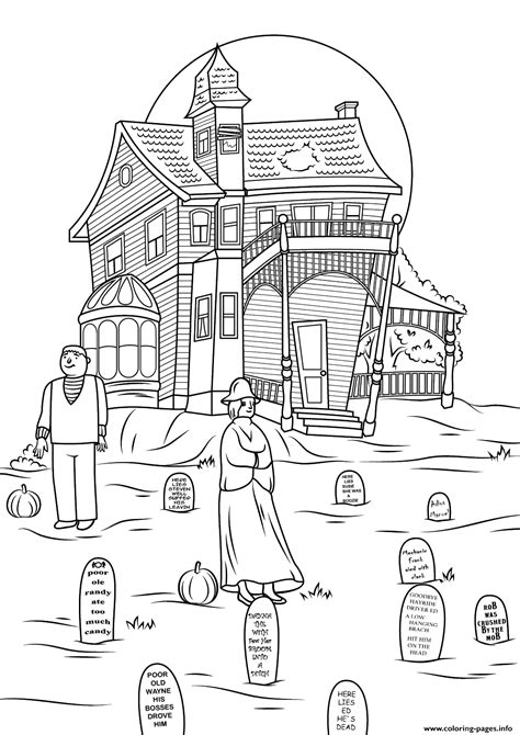 Free haunted house coloring page printable. Spooky Haunted House Halloween Coloring Pages Printable