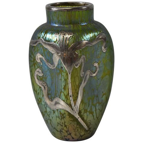 Iridescent Art Nouveau Vase With Metal Decoartion In The Style Of Loetz For Sale At 1stdibs