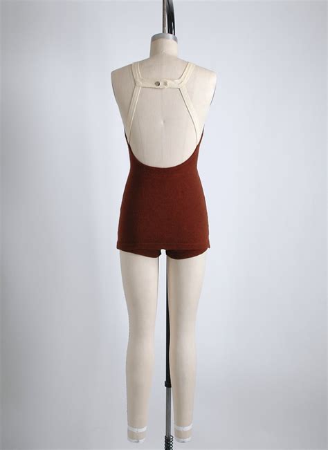 1930s Strappy Maroon Wool Skirted Bathing Suit Swimsuit With White Trim