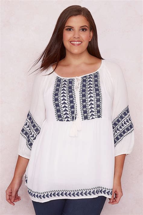 Paprika White And Blue Embroidered Smock Top With Tassel Tie Plus Size 16