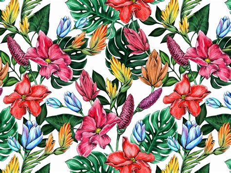 Seamless floral pattern of tropical flowers and leaves. by Anna on Dribbble