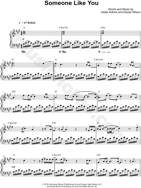 Adele Someone Like You Sheet Music Piano Solo In A Major