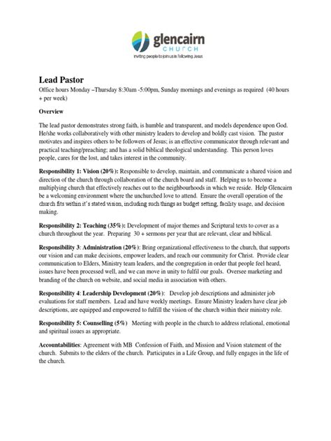 Executive assistant job description example, duties, tasks, and responsibilities. Lead Pastor Job Description