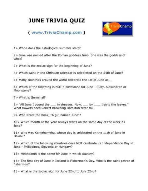 June Trivia Quiz Trivia Champ